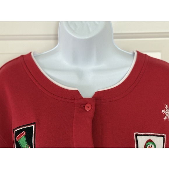 VTG Holiday Traditions Red Grandma Cardigan XL w/Embroidered Christmas Patches - Picture 2 of 11